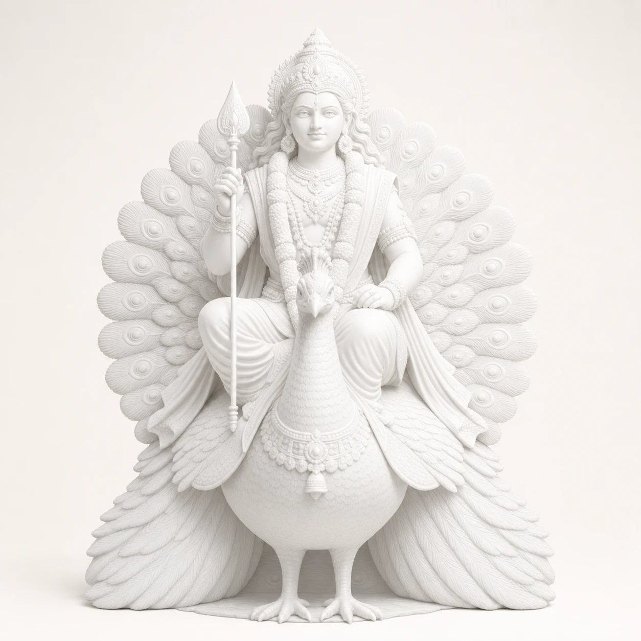 Finished full-white Lord Murugan sculpture seated on a peacock
