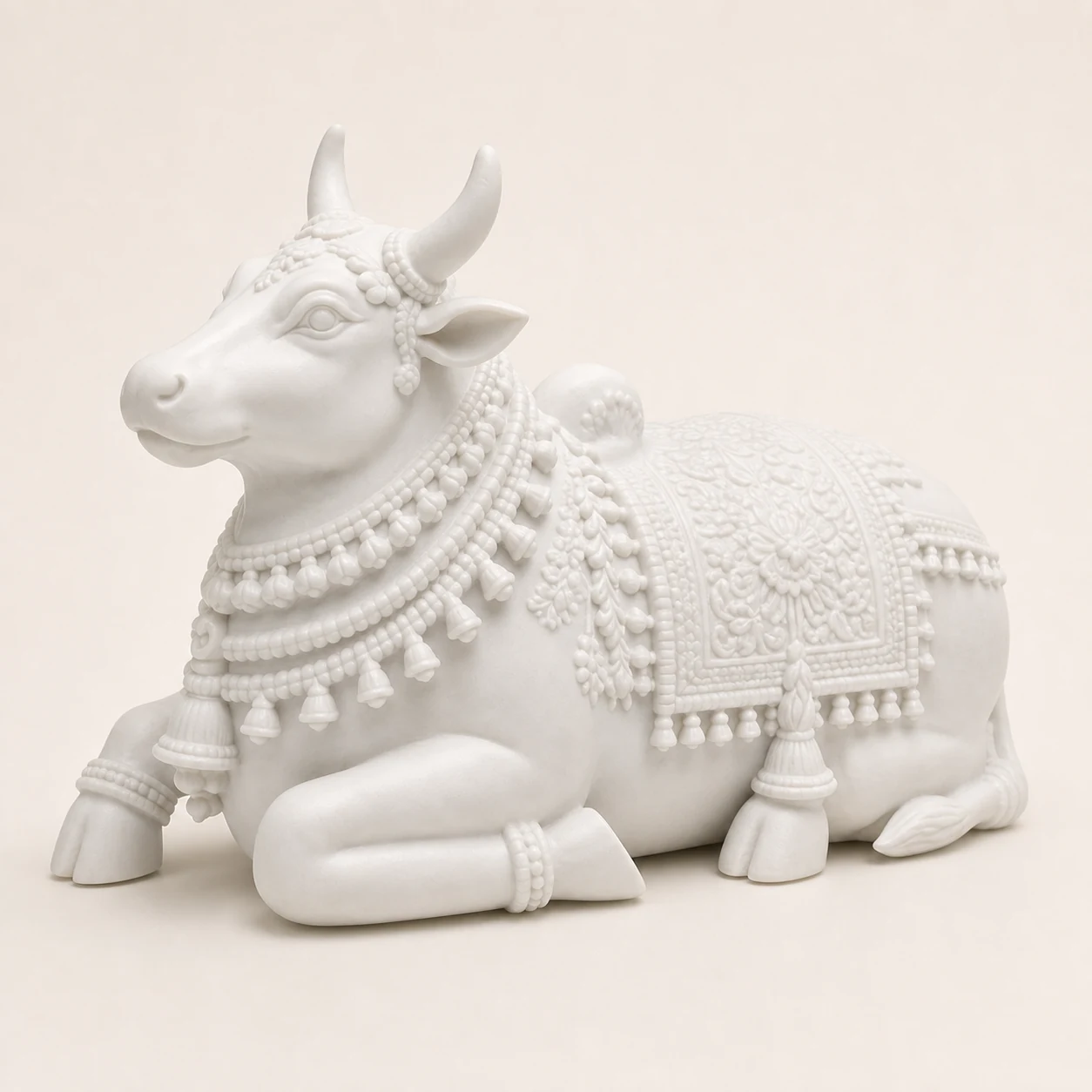 Full-white reclining Nandi bull custom sculpture